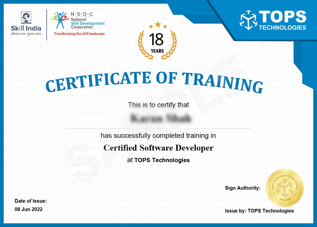 Sample NSDC Skill India certificate awarded by TOPS Technologies