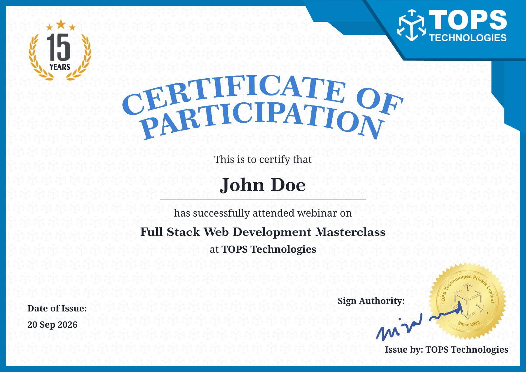 Sample TOPS Technologies Certificate of Participation issued to a webinar attendee